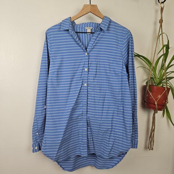 LL Bean Travel Tunic Top Women's L‎ BlueStripe Popover Roll Tab Sleeve Tech - Picture 1 of 9